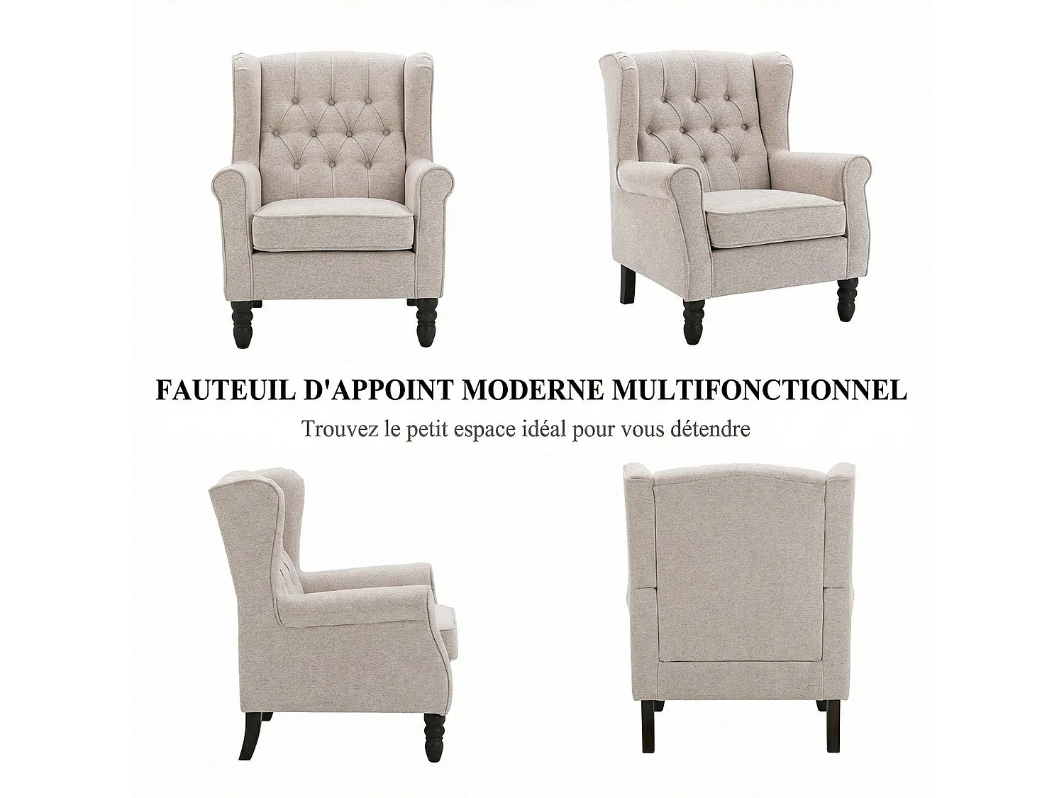 Fauteuil beige avec accoudoirs, fauteuil individuel en tissu, style rétro français, cadre en bois massif