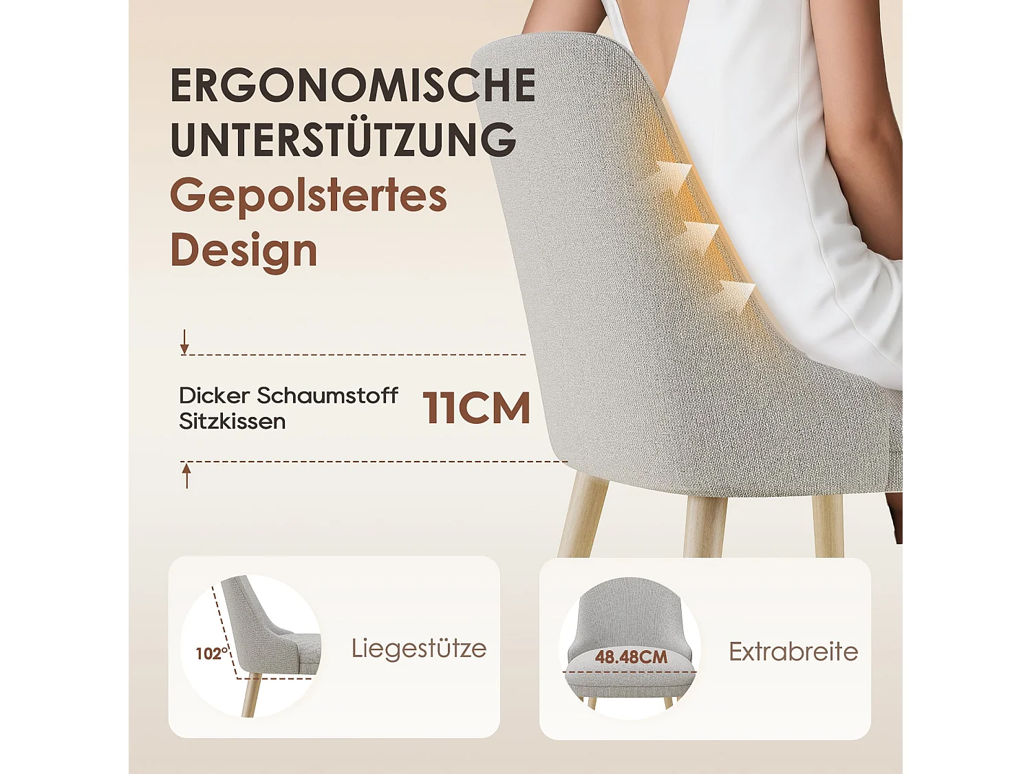 Set van 2 eetkamerstoelen met hoog, gewatteerd rugleuning en houten poten - Lichtgrijs