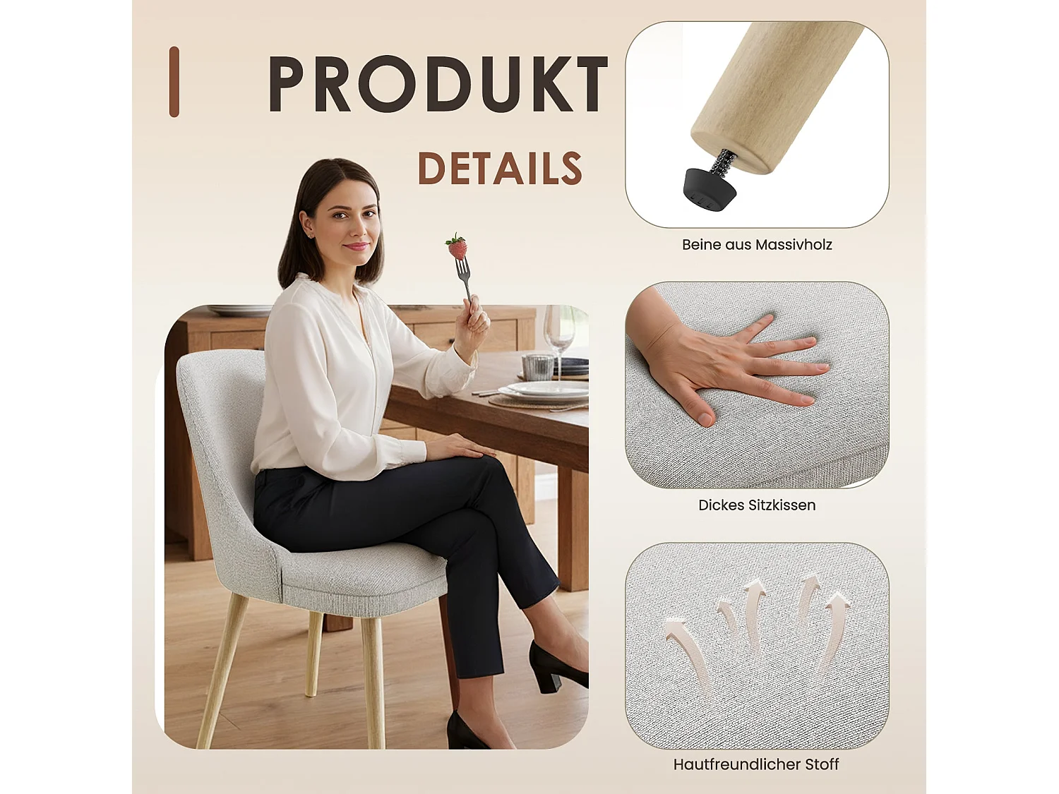 Set van 2 eetkamerstoelen met hoog, gewatteerd rugleuning en houten poten - Lichtgrijs