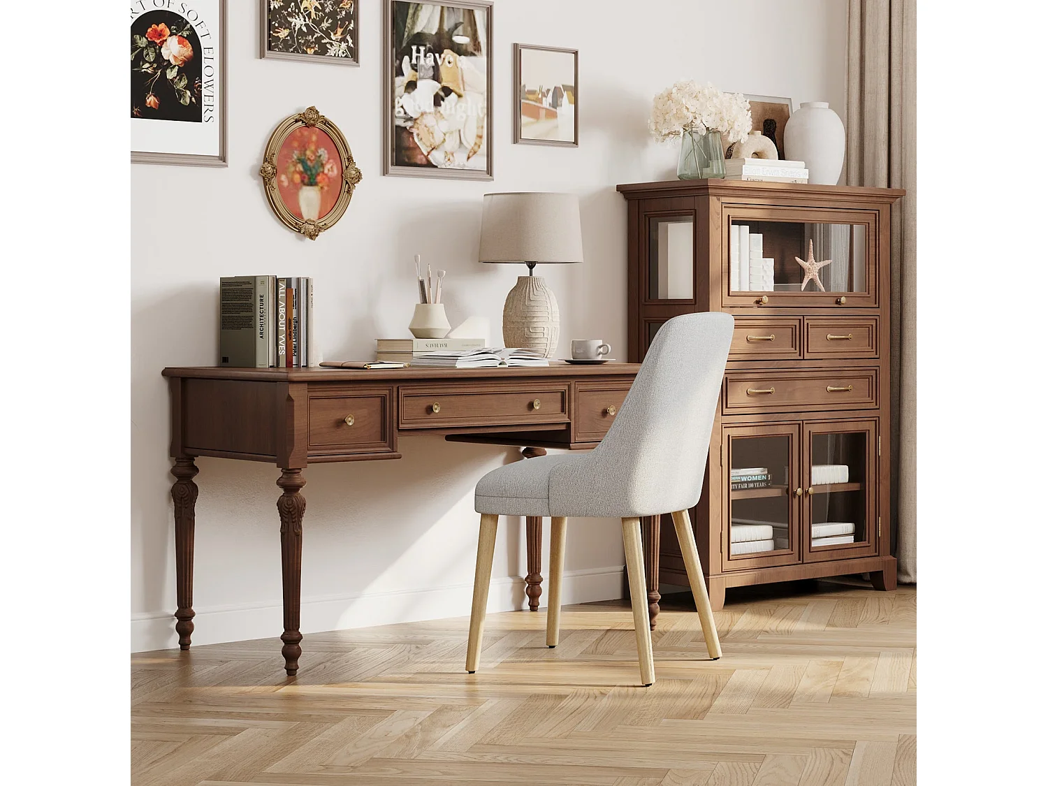 Set van 2 eetkamerstoelen met hoog, gewatteerd rugleuning en houten poten - Lichtgrijs