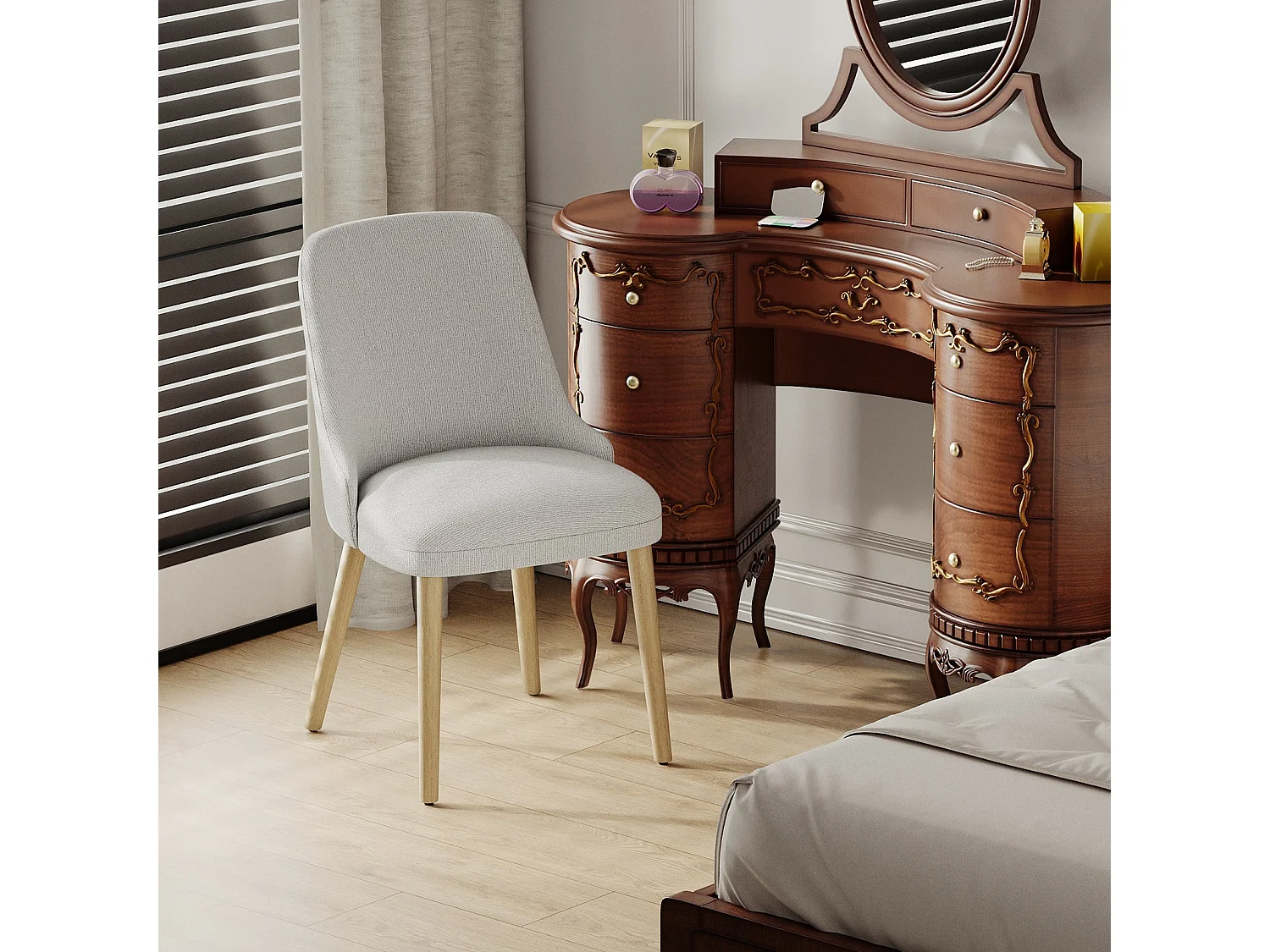 Set van 2 eetkamerstoelen met hoog, gewatteerd rugleuning en houten poten - Lichtgrijs