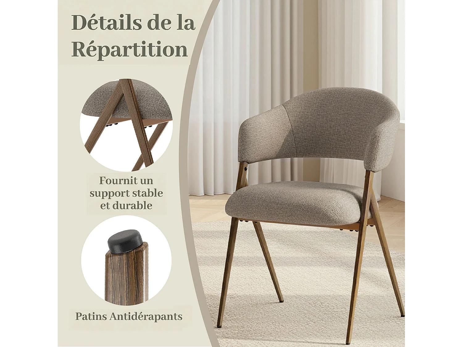 Set van 2 Eetkamerstoelen – Ergonomisch en Comfortabel Ontwerp, Vintage Stijl, Stoffen Bruin