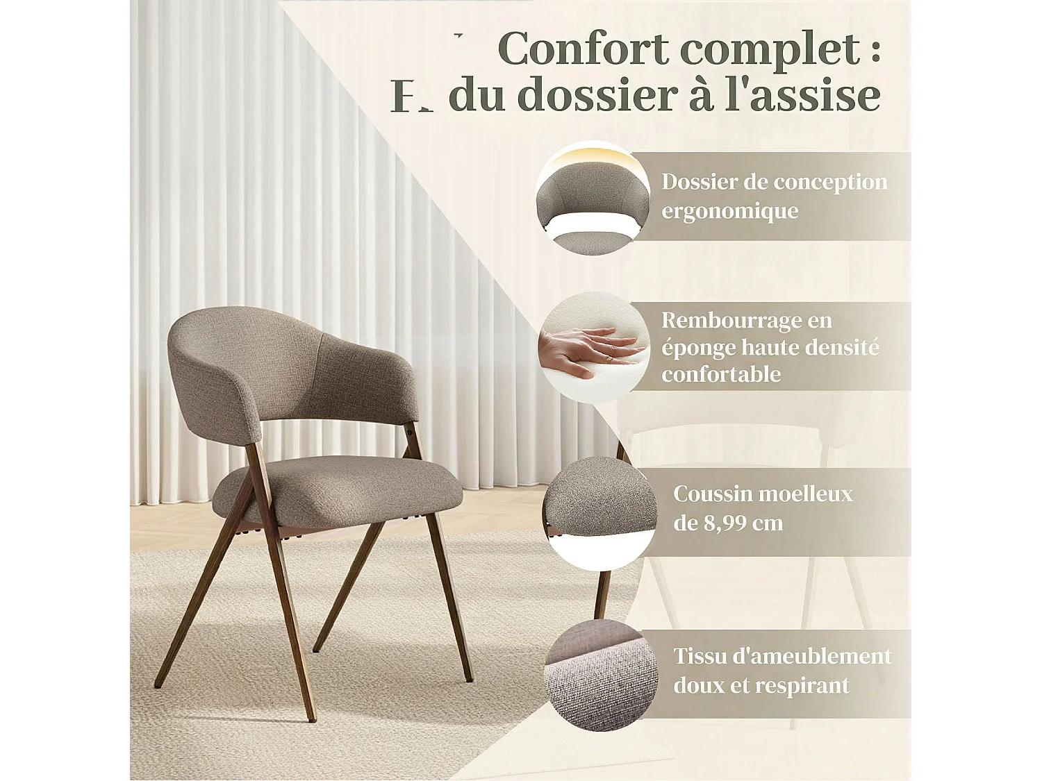 Set van 2 Eetkamerstoelen – Ergonomisch en Comfortabel Ontwerp, Vintage Stijl, Stoffen Bruin