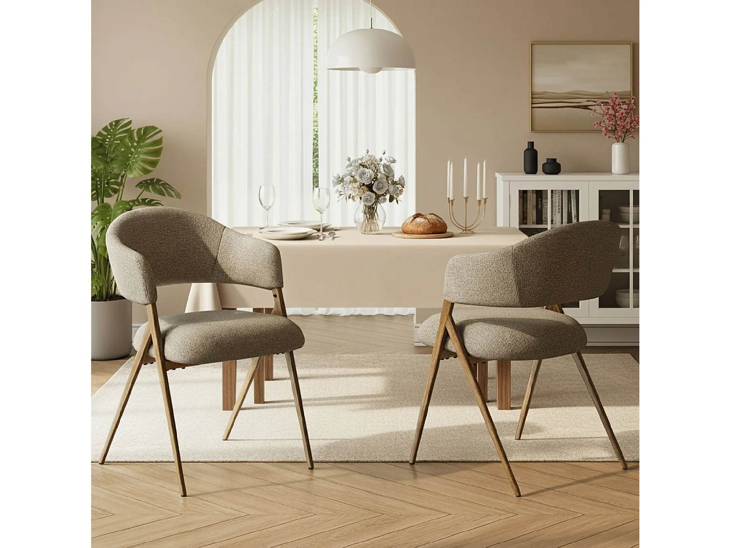 Set van 2 Eetkamerstoelen – Ergonomisch en Comfortabel Ontwerp, Vintage Stijl, Stoffen Bruin