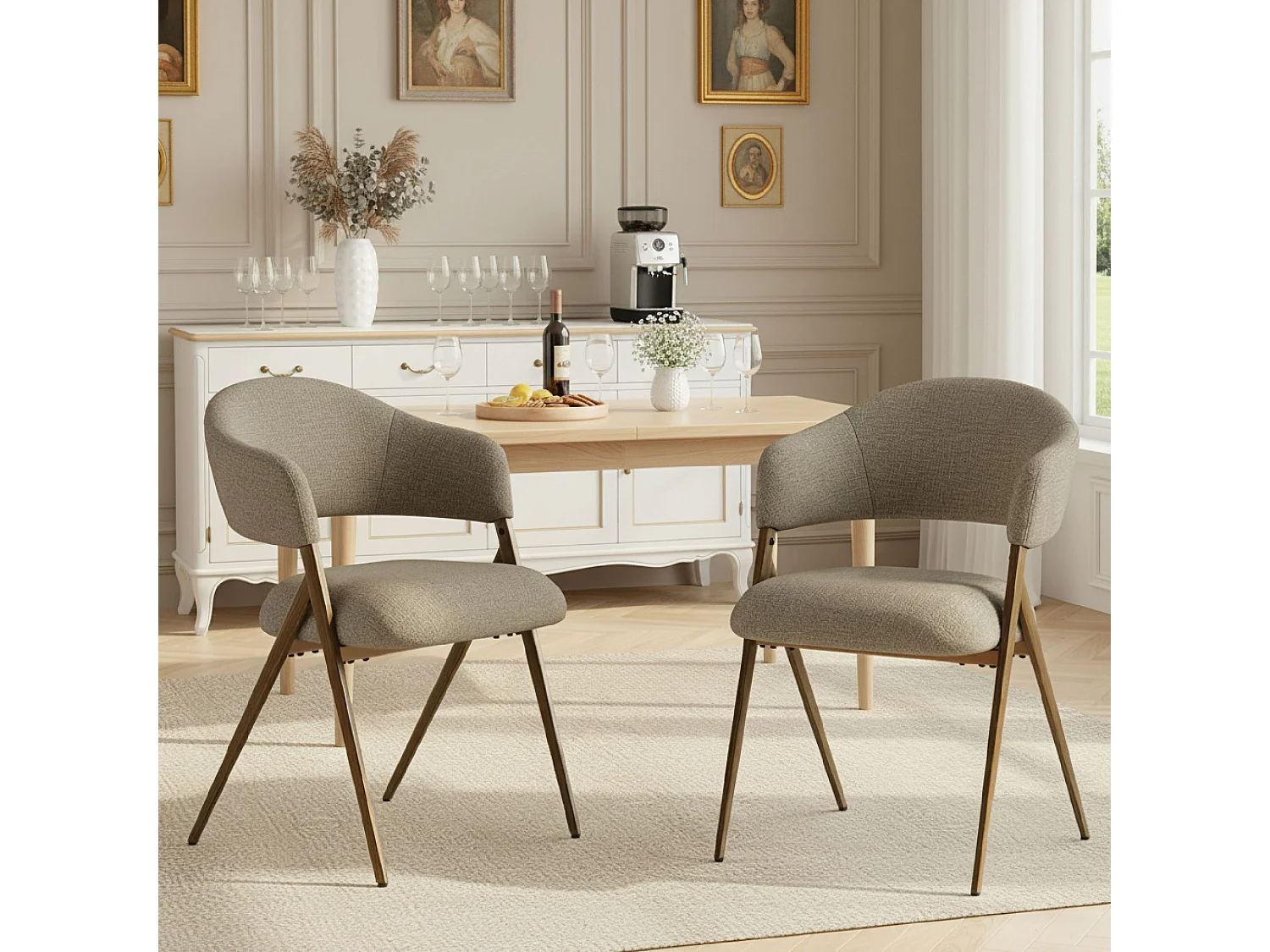 Set van 2 Eetkamerstoelen – Ergonomisch en Comfortabel Ontwerp, Vintage Stijl, Stoffen Bruin