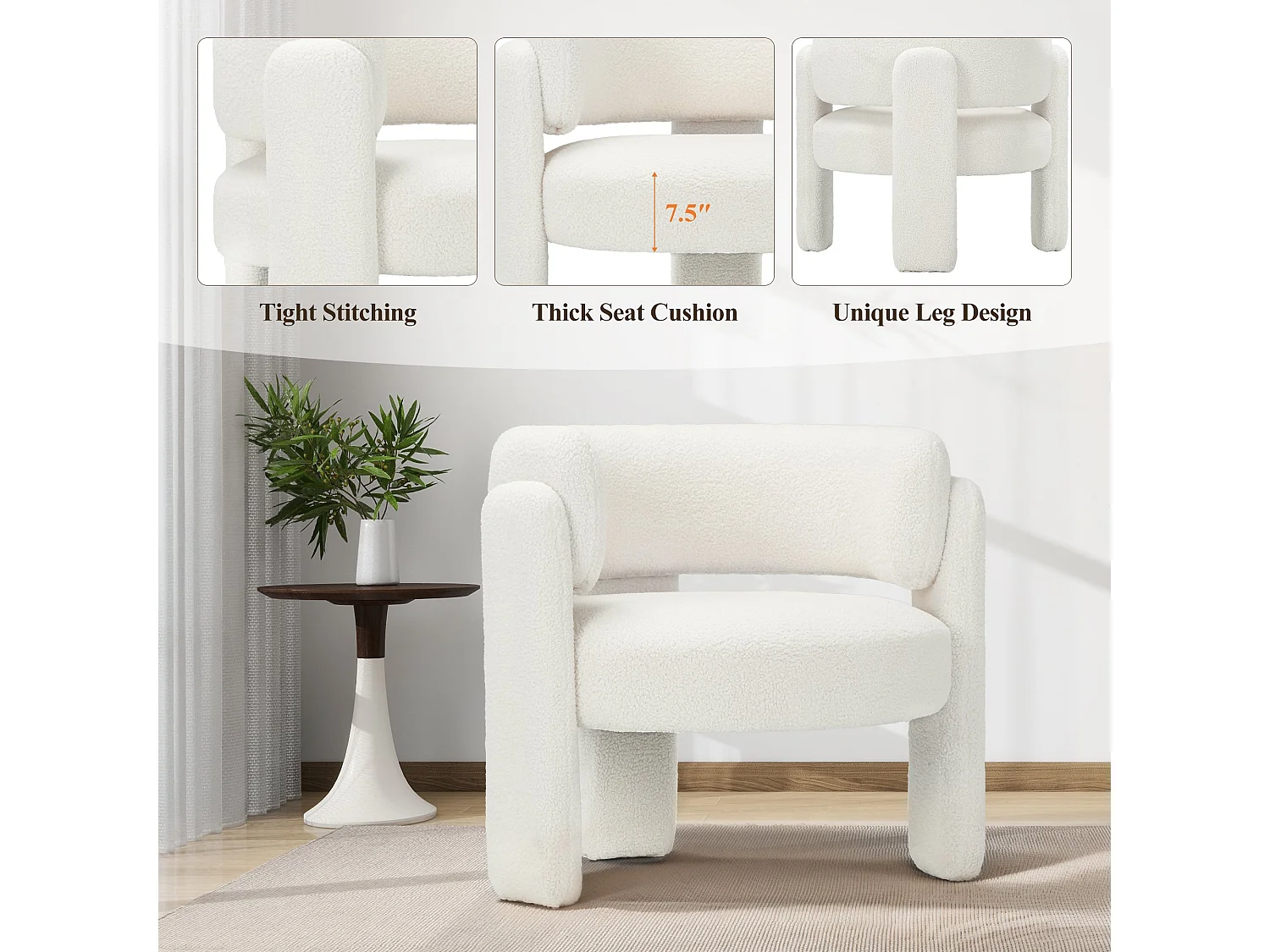 Moderne tonstoel van massief hout, hoogwaardig schuim, hypoallergeen stof – Crème Wit