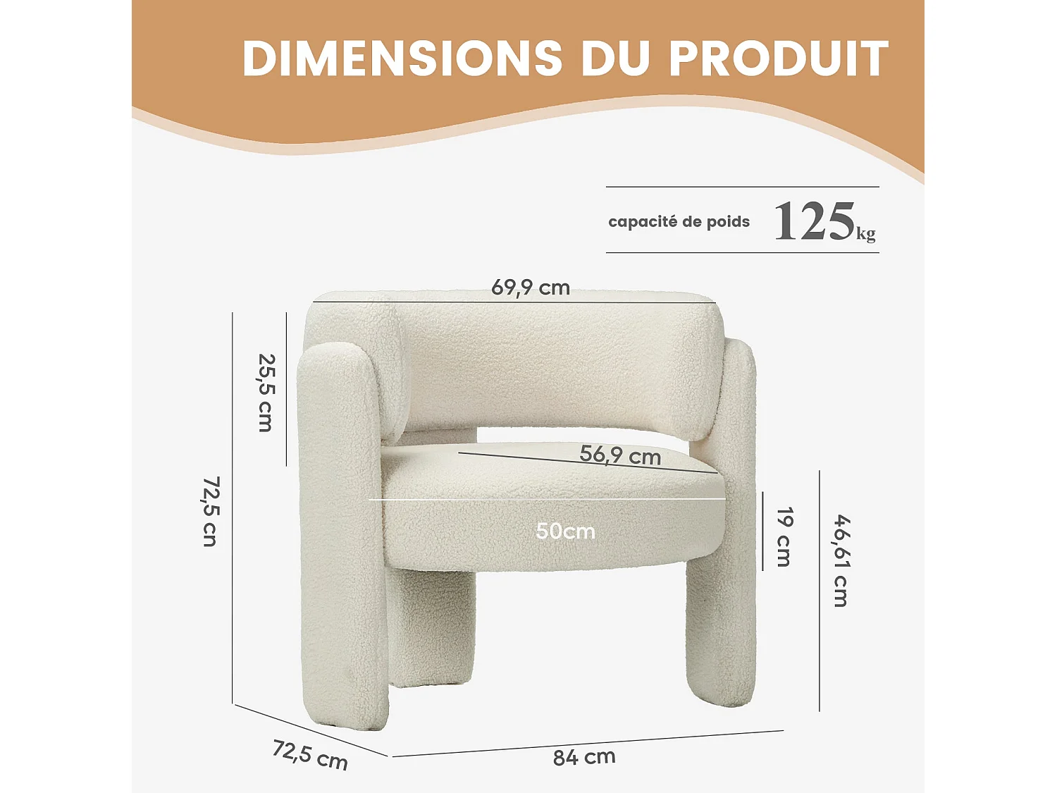 Moderne tonstoel van massief hout, hoogwaardig schuim, hypoallergeen stof – Crème Wit