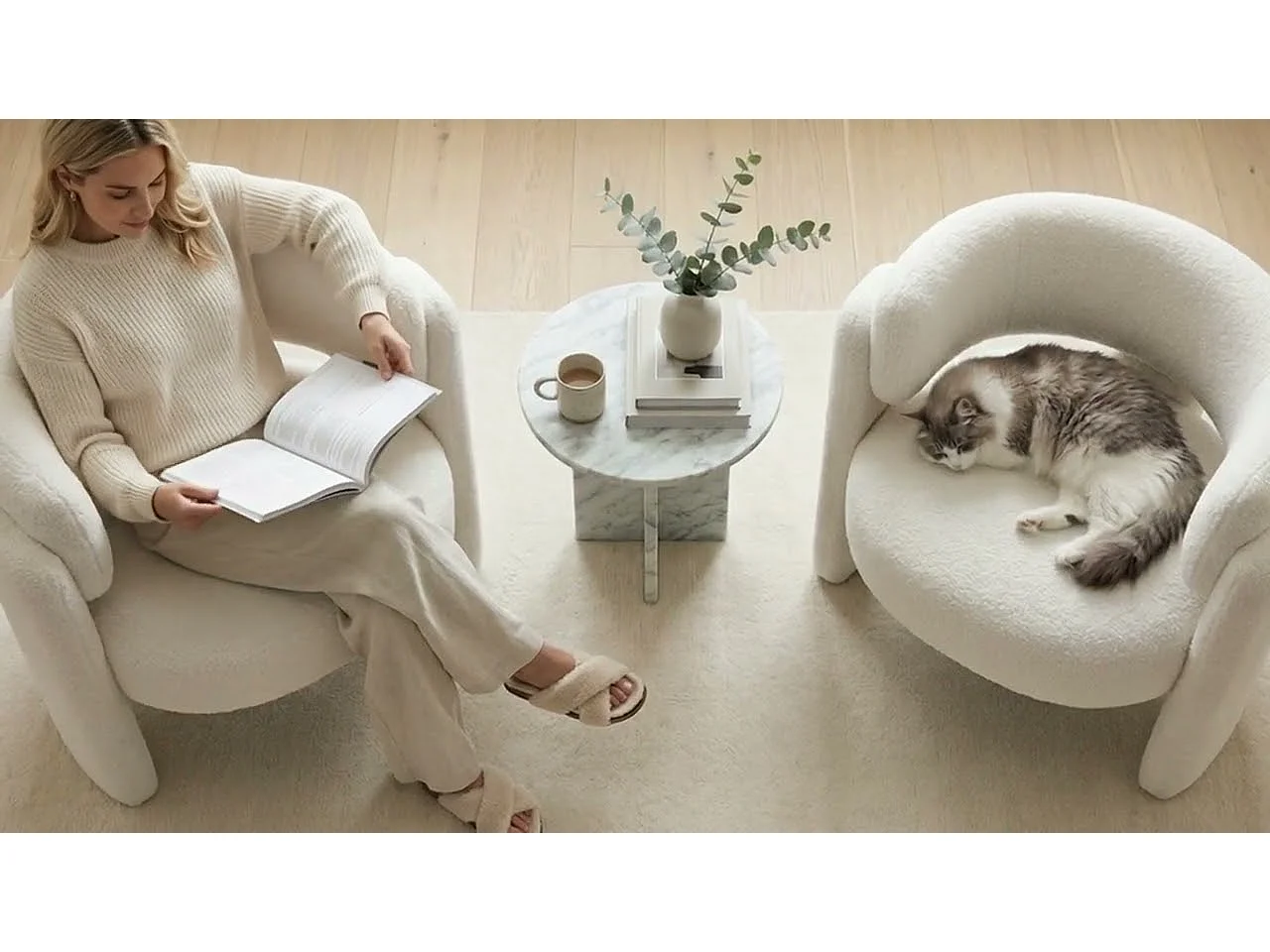 Moderne tonstoel van massief hout, hoogwaardig schuim, hypoallergeen stof – Crème Wit