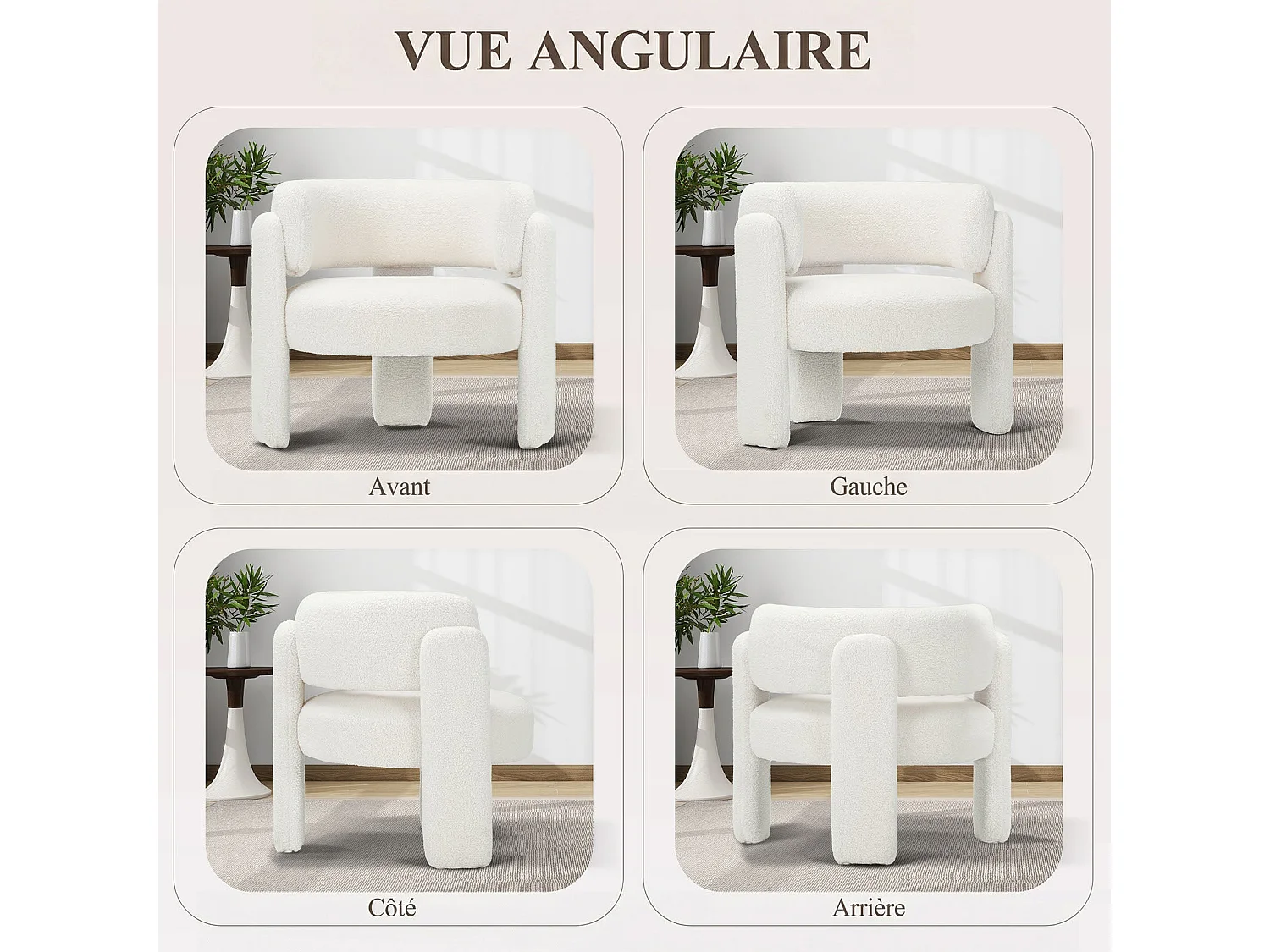 Fauteuil baril moderne en bois solide, mousse haute densité, tissu hypoallergénique – Blanc Crème
