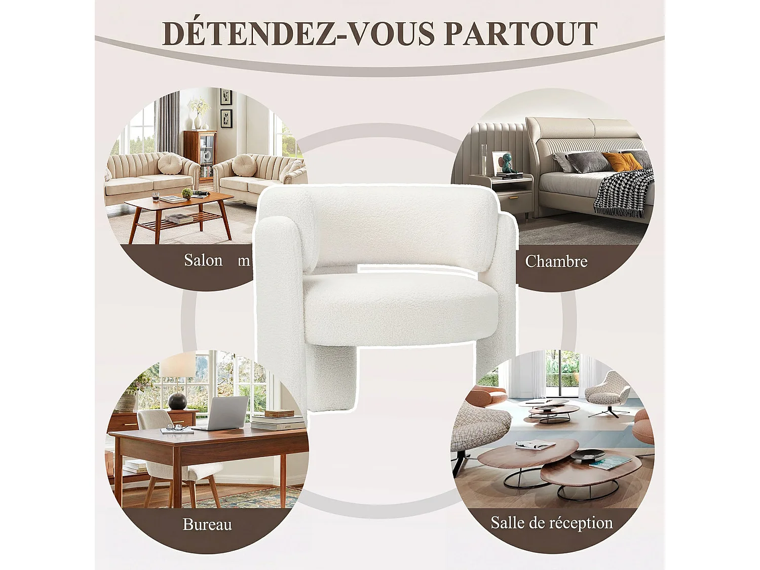 Fauteuil baril moderne en bois solide, mousse haute densité, tissu hypoallergénique – Blanc Crème