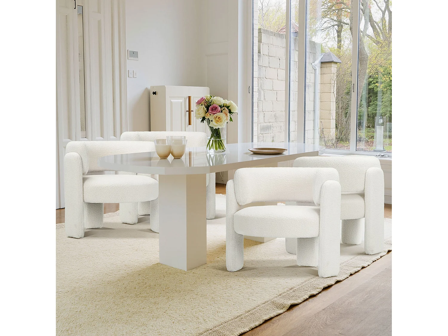 Fauteuil baril moderne en bois solide, mousse haute densité, tissu hypoallergénique – Blanc Crème
