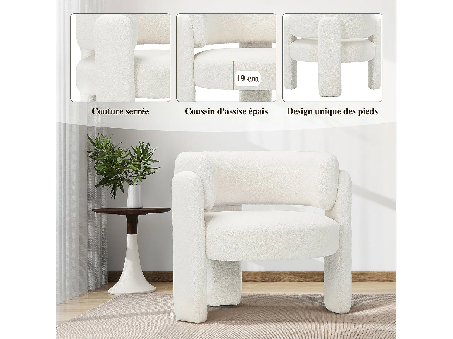 Fauteuil baril moderne en bois solide, mousse haute densité, tissu hypoallergénique – Blanc Crème