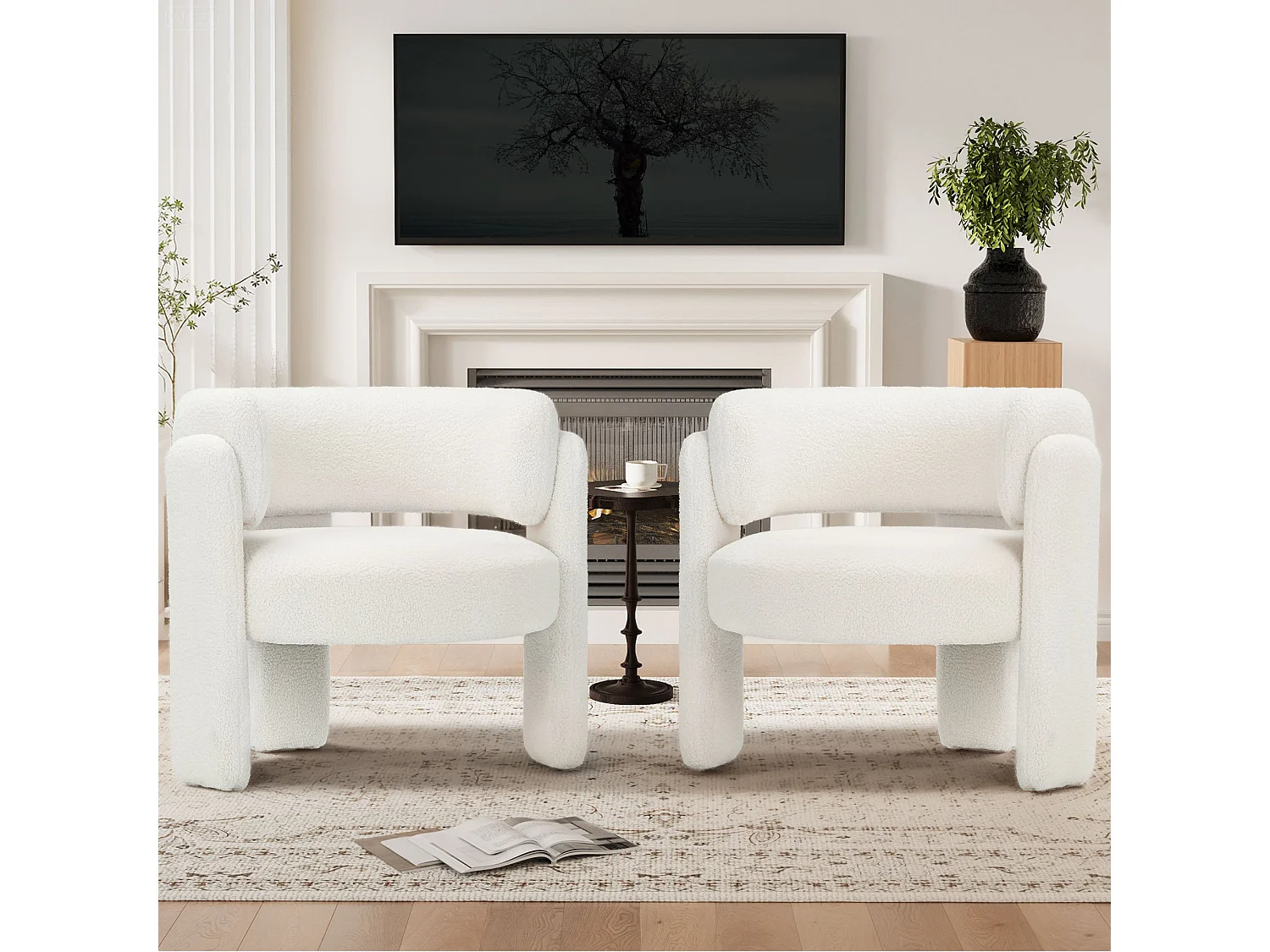 Fauteuil baril moderne en bois solide, mousse haute densité, tissu hypoallergénique – Blanc Crème