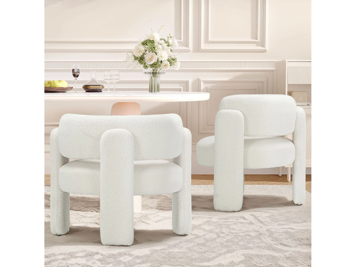 Fauteuil baril moderne en bois solide, mousse haute densité, tissu hypoallergénique – Blanc Crème