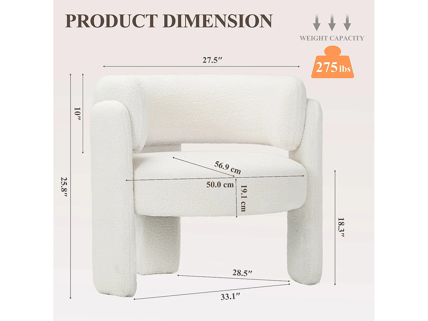 Fauteuil baril moderne en bois solide, mousse haute densité, tissu hypoallergénique – Blanc Crème