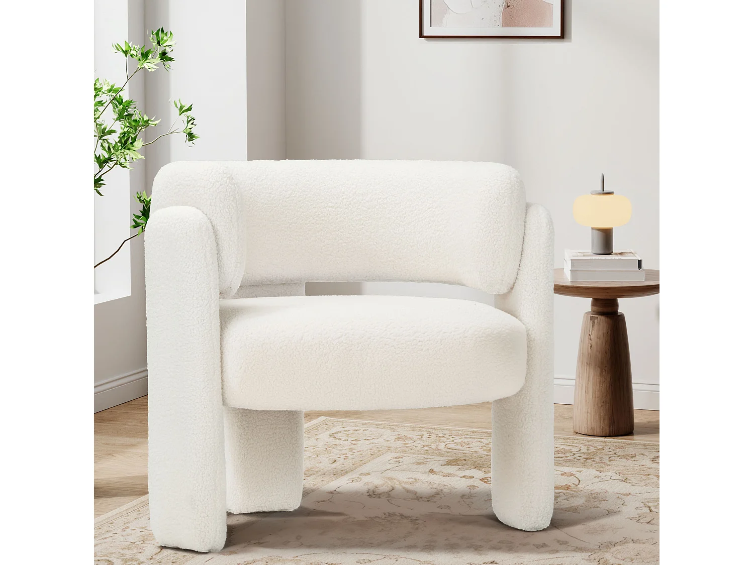 Fauteuil baril moderne en bois solide, mousse haute densité, tissu hypoallergénique – Blanc Crème