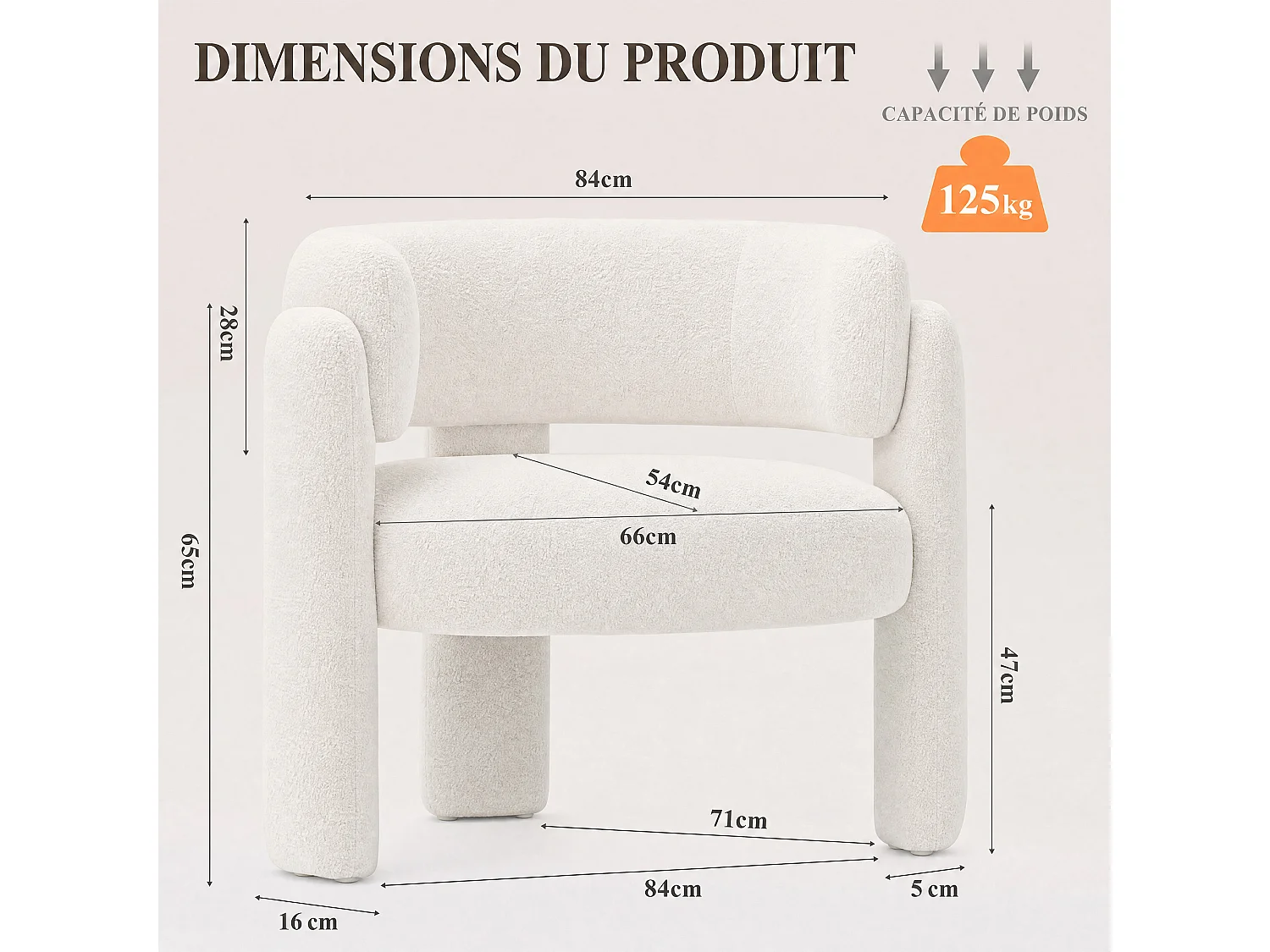 Moderner Sessel im Fassdesign aus Massivholz, hochdichtem Schaumstoff, hypoallergenem Stoff – Cremeweiß