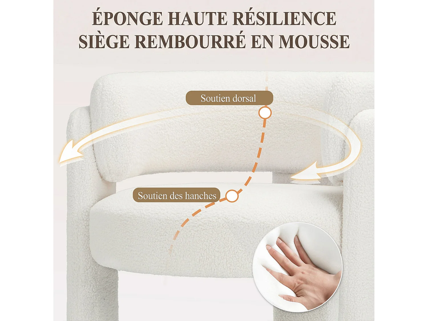 Moderner Sessel im Fassdesign aus Massivholz, hochdichtem Schaumstoff, hypoallergenem Stoff – Cremeweiß