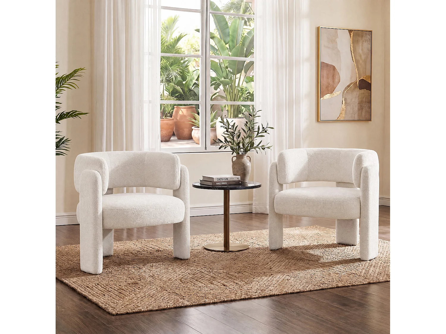 Modern barrel chair in solid wood, high-density foam, hypoallergenic fabric – Cream White