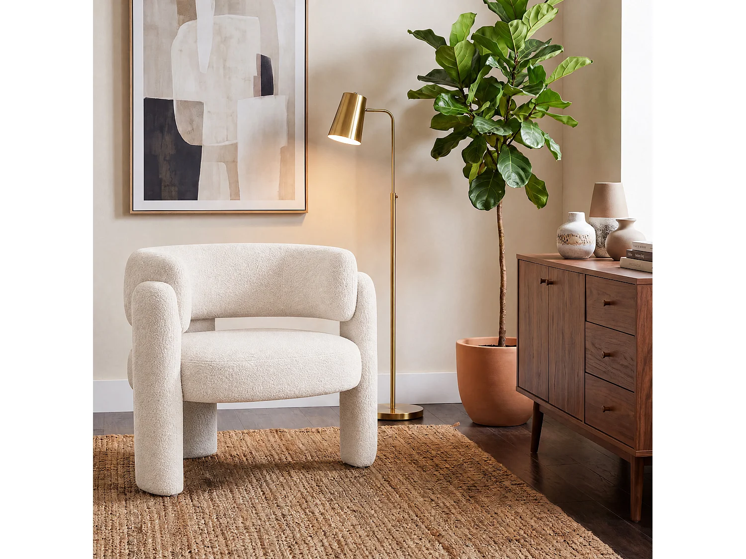 Modern barrel chair in solid wood, high-density foam, hypoallergenic fabric – Cream White