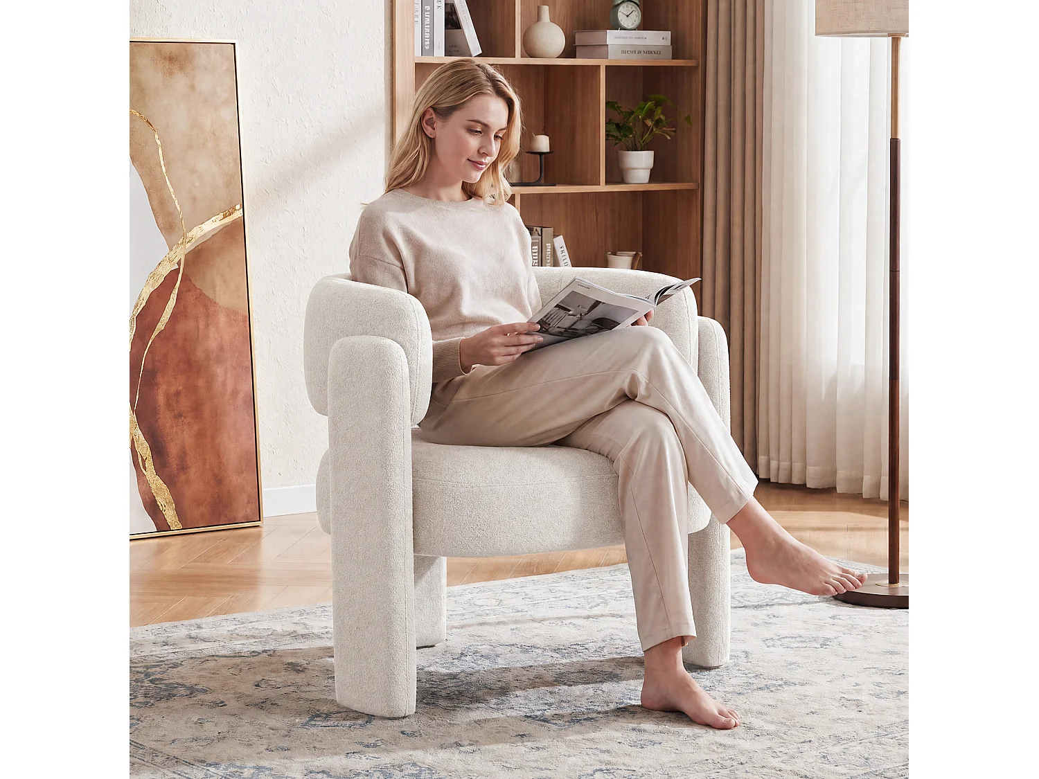 Modern barrel chair in solid wood, high-density foam, hypoallergenic fabric – Cream White