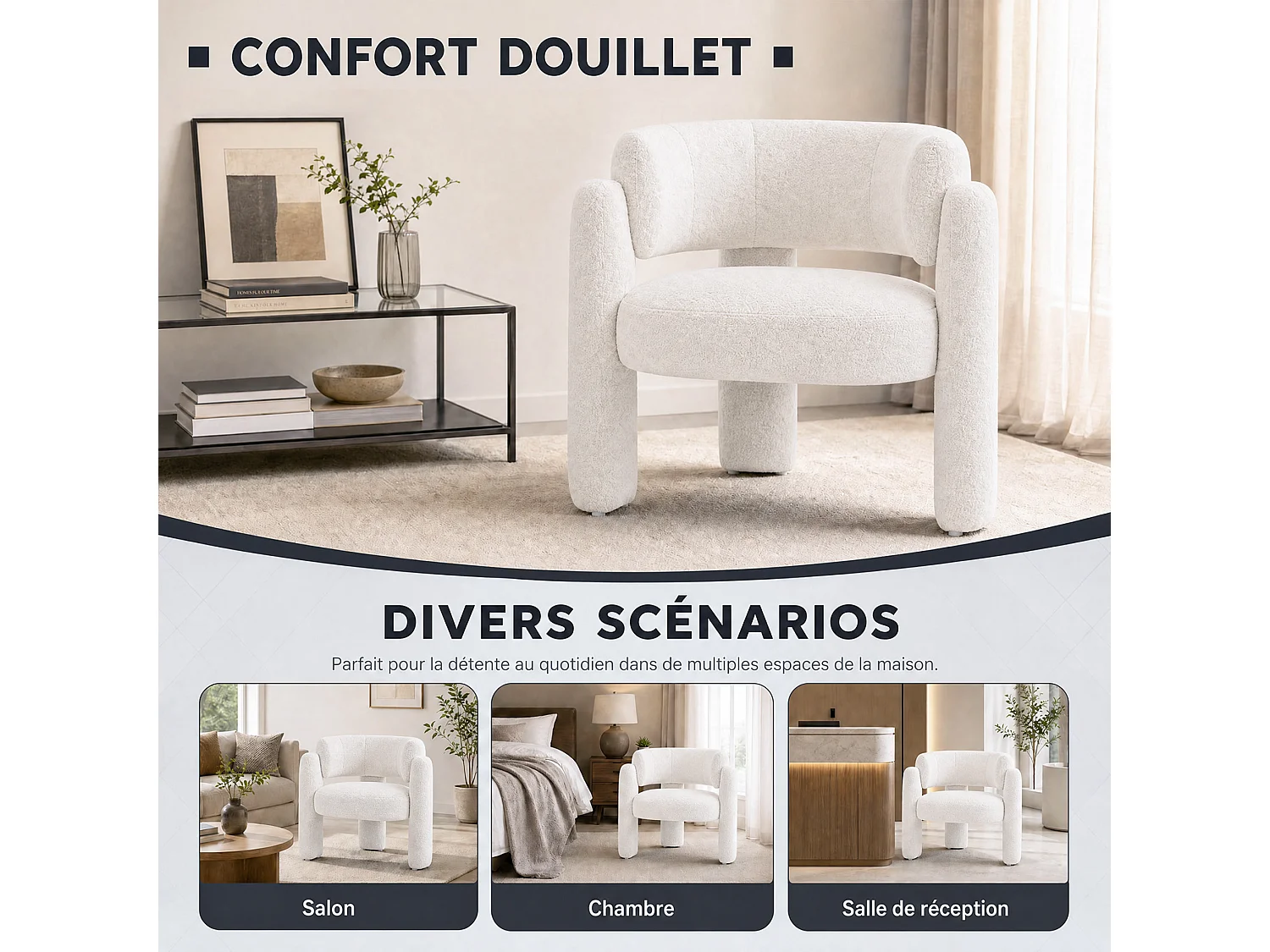 Modern barrel chair in solid wood, high-density foam, hypoallergenic fabric – Cream White
