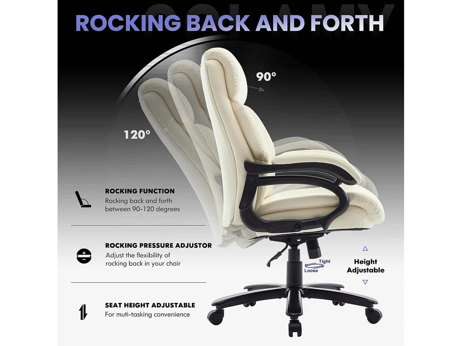 Fauteuil directeur haut avec accoudoirs réglables, dossier structuré et assise extra-large en simili-cuir, Beige