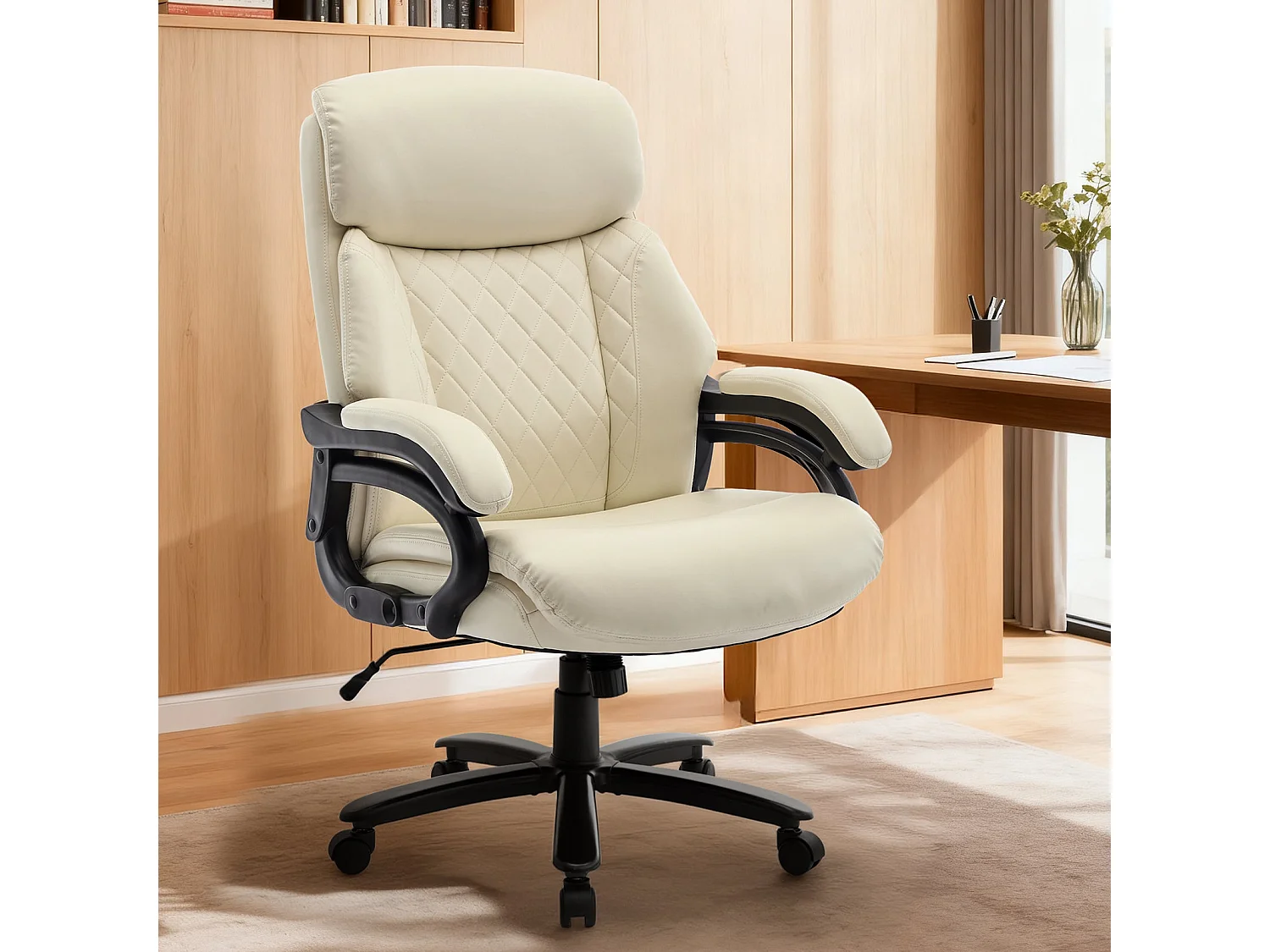 Chaise de bureau avec accoudoirs réglables, dossier structuré et assise extra-large en simili-cuir, Beige