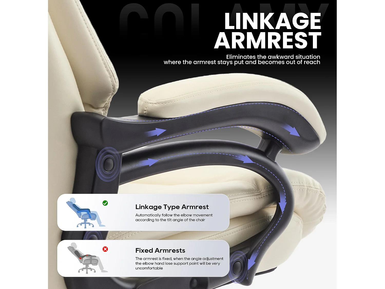 Chaise de bureau avec accoudoirs réglables, dossier structuré et assise extra-large en simili-cuir, Beige