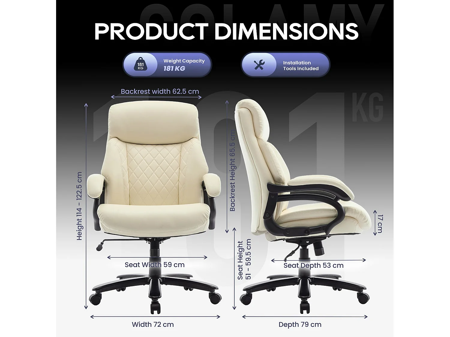 Chaise de bureau avec accoudoirs réglables, dossier structuré et assise extra-large en simili-cuir, Beige