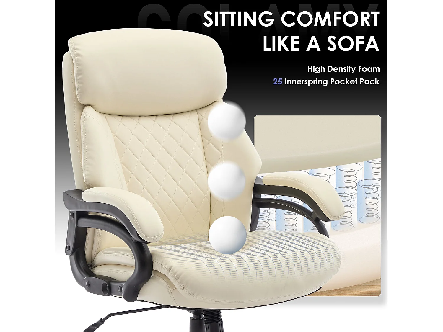 Chaise de bureau avec accoudoirs réglables, dossier structuré et assise extra-large en simili-cuir, Beige