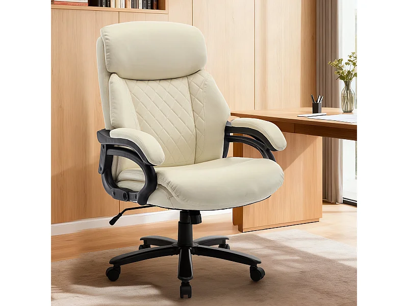 Fauteuil directeur haut avec accoudoirs réglables, dossier structuré et assise extra-large en simili-cuir, Beige