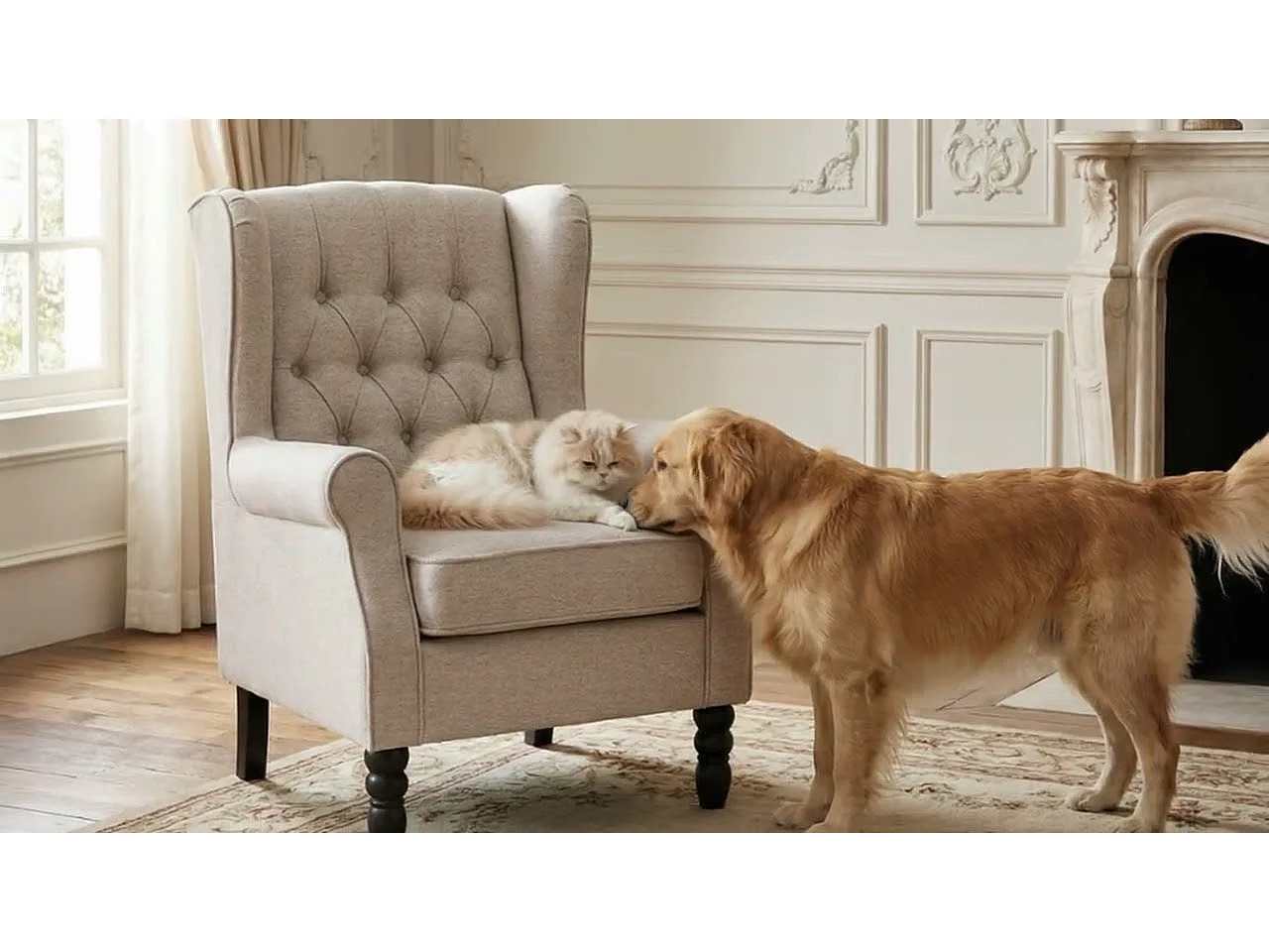 Fauteuil bleu avec accoudoirs, fauteuil individuel en tissu, style rétro français, cadre en bois massif