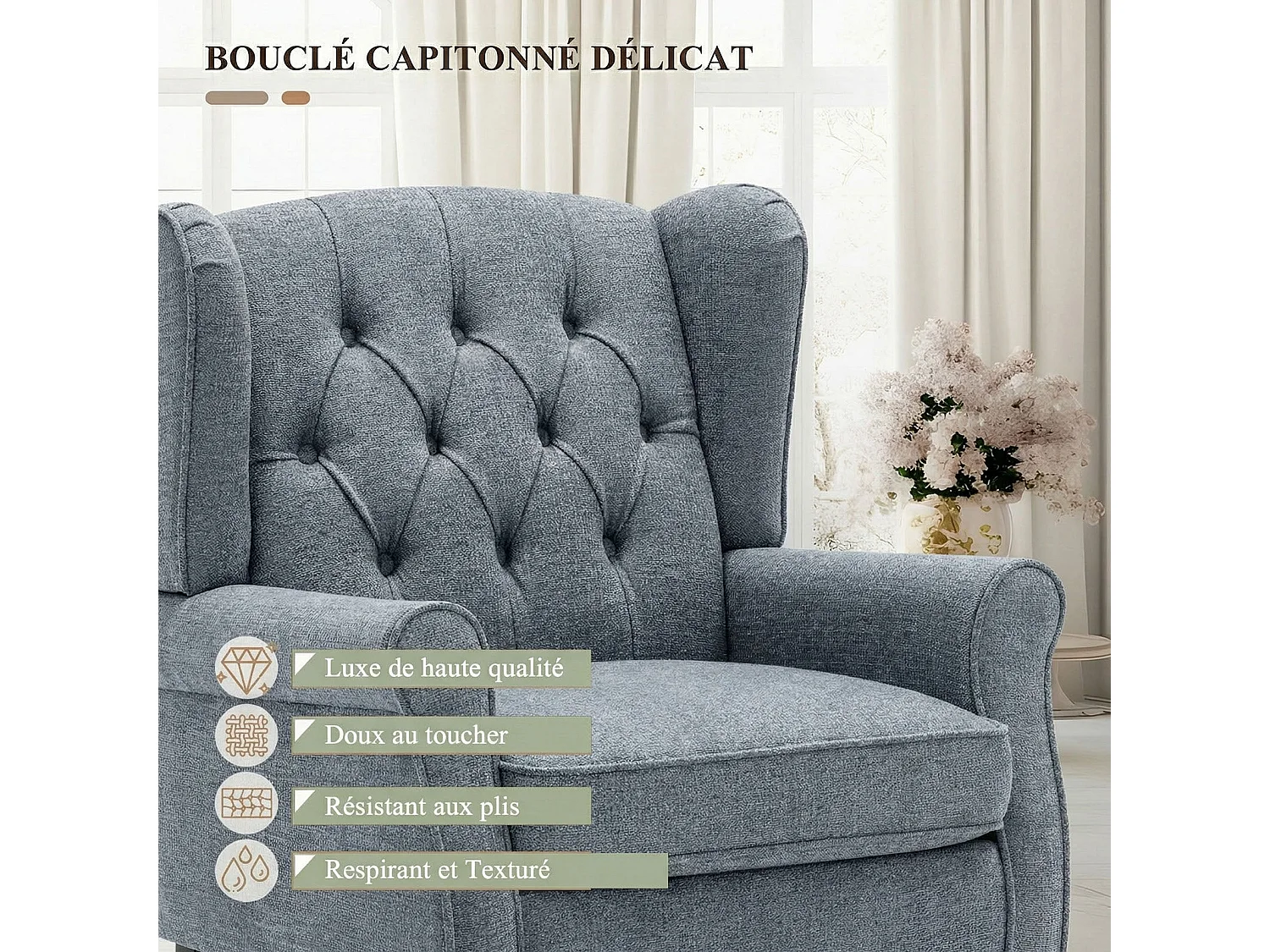 Fauteuil bleu avec accoudoirs, fauteuil individuel en tissu, style rétro français, cadre en bois massif