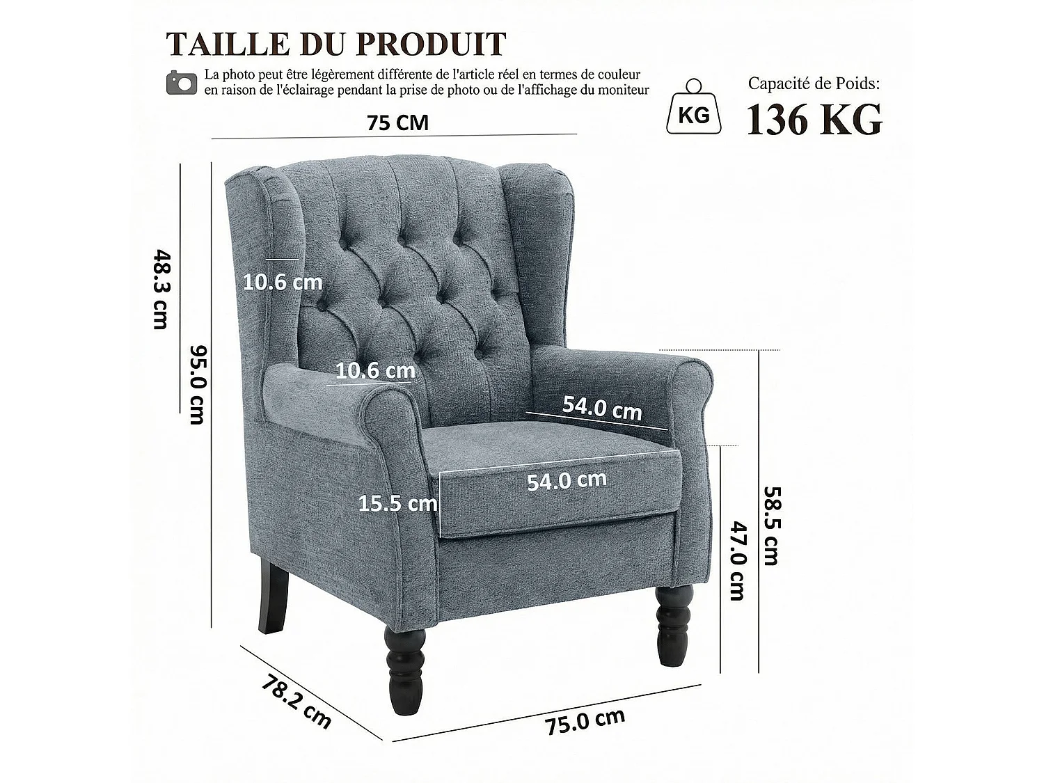 Fauteuil bleu avec accoudoirs, fauteuil individuel en tissu, style rétro français, cadre en bois massif
