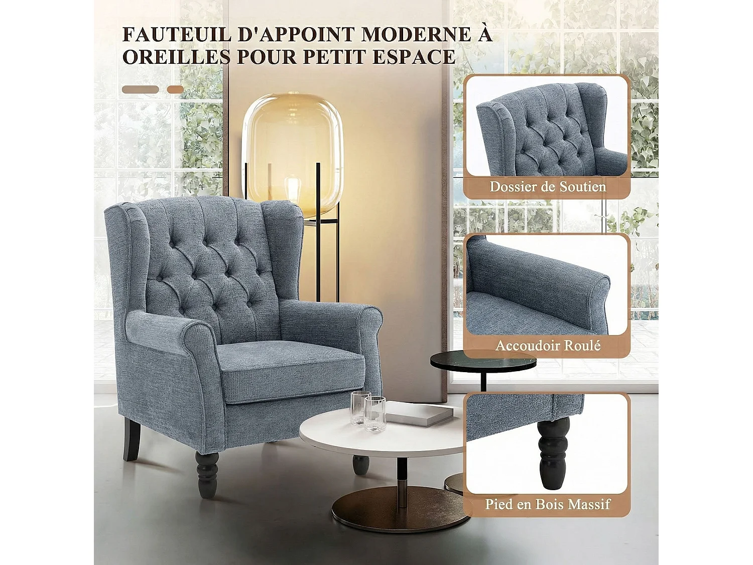 Fauteuil bleu avec accoudoirs, fauteuil individuel en tissu, style rétro français, cadre en bois massif
