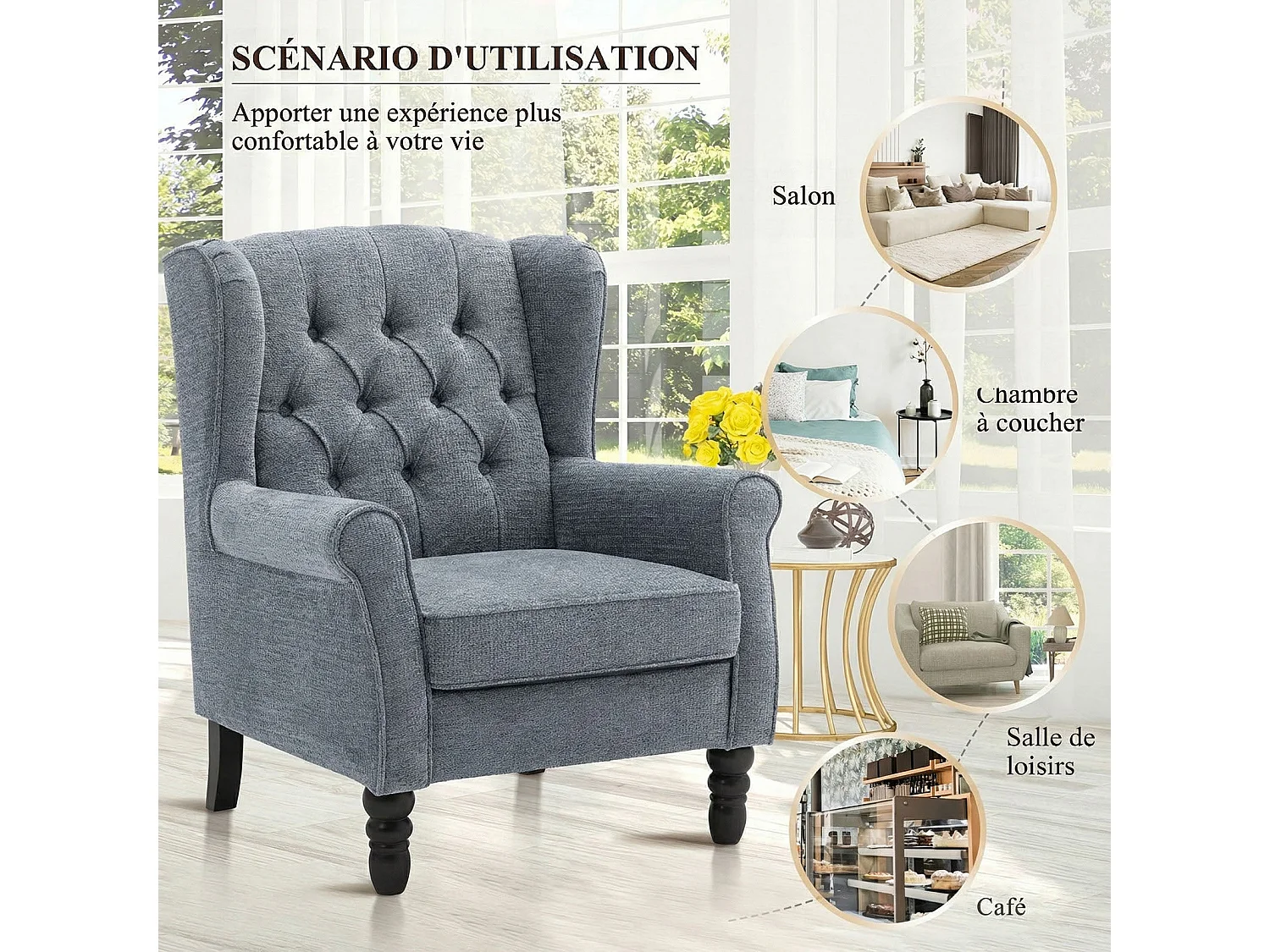 Fauteuil bleu avec accoudoirs, fauteuil individuel en tissu, style rétro français, cadre en bois massif