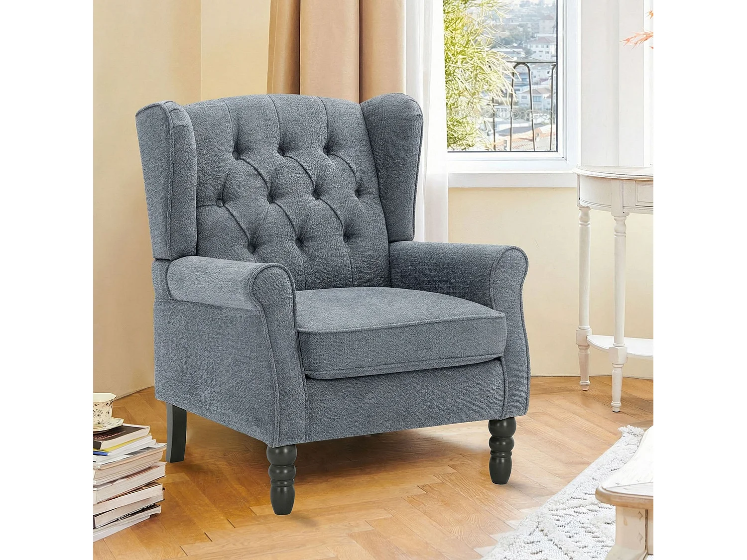 Fauteuil bleu avec accoudoirs, fauteuil individuel en tissu, style rétro français, cadre en bois massif