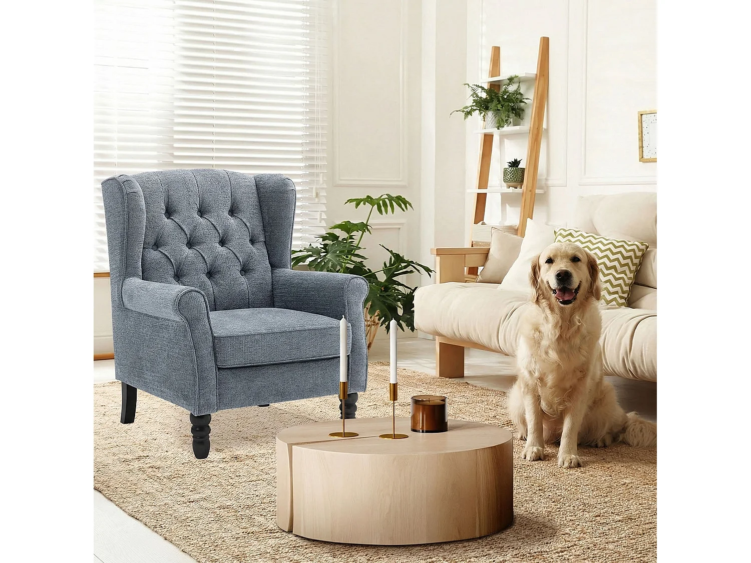 Fauteuil bleu avec accoudoirs, fauteuil individuel en tissu, style rétro français, cadre en bois massif