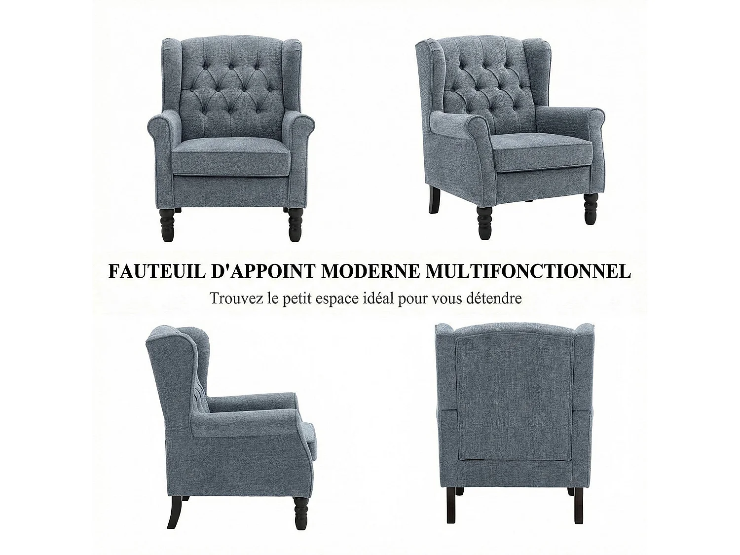 Fauteuil bleu avec accoudoirs, fauteuil individuel en tissu, style rétro français, cadre en bois massif