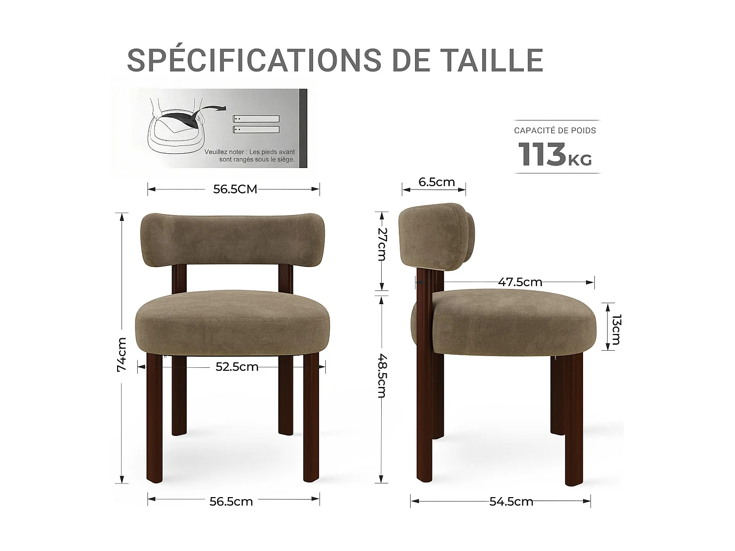 Lote de 2 sillas de comedor de madera maciza caqui SMARTUE, tela de terciopelo, respaldo curvo