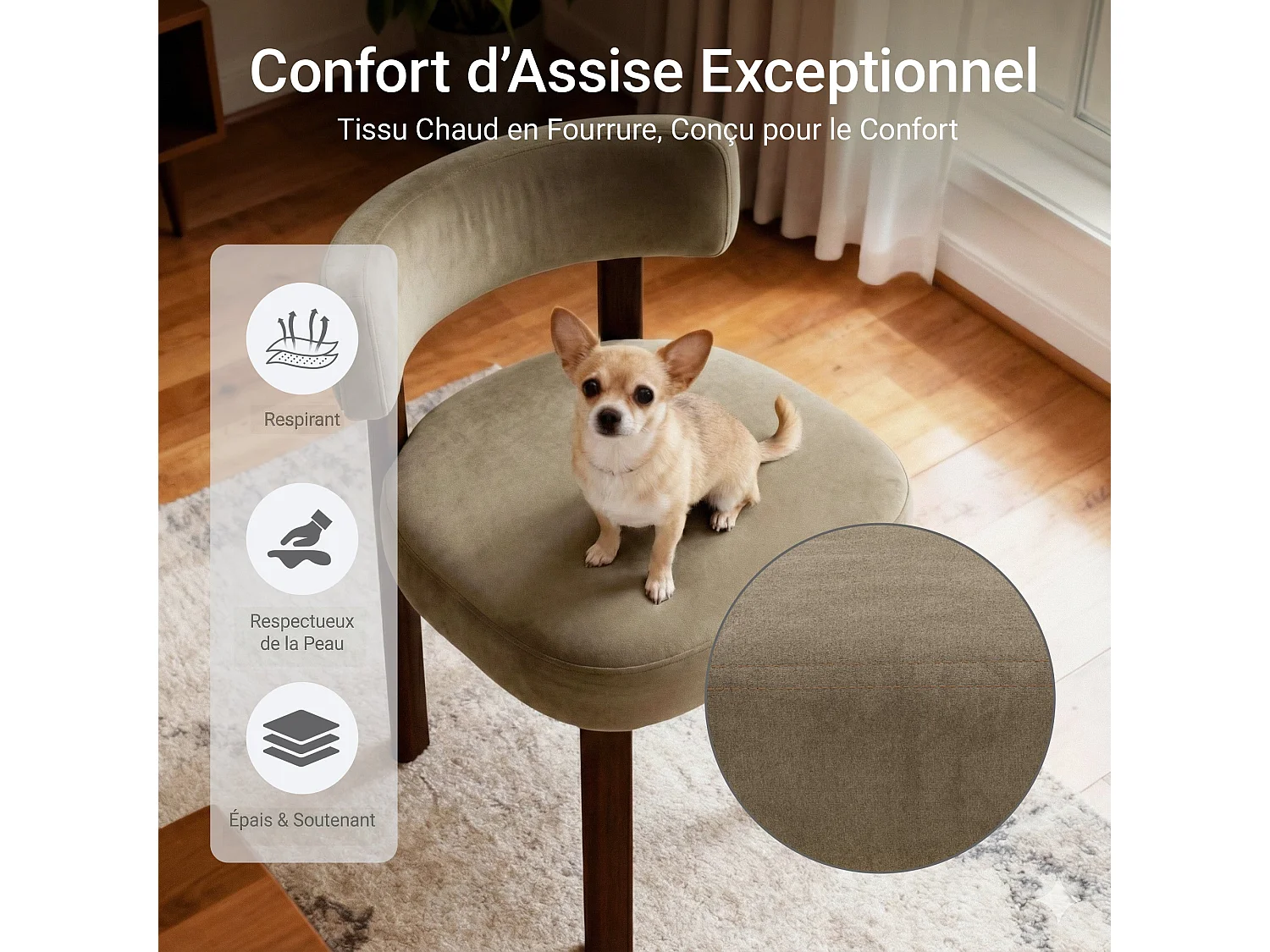 Lote de 2 sillas de comedor de madera maciza caqui SMARTUE, tela de terciopelo, respaldo curvo