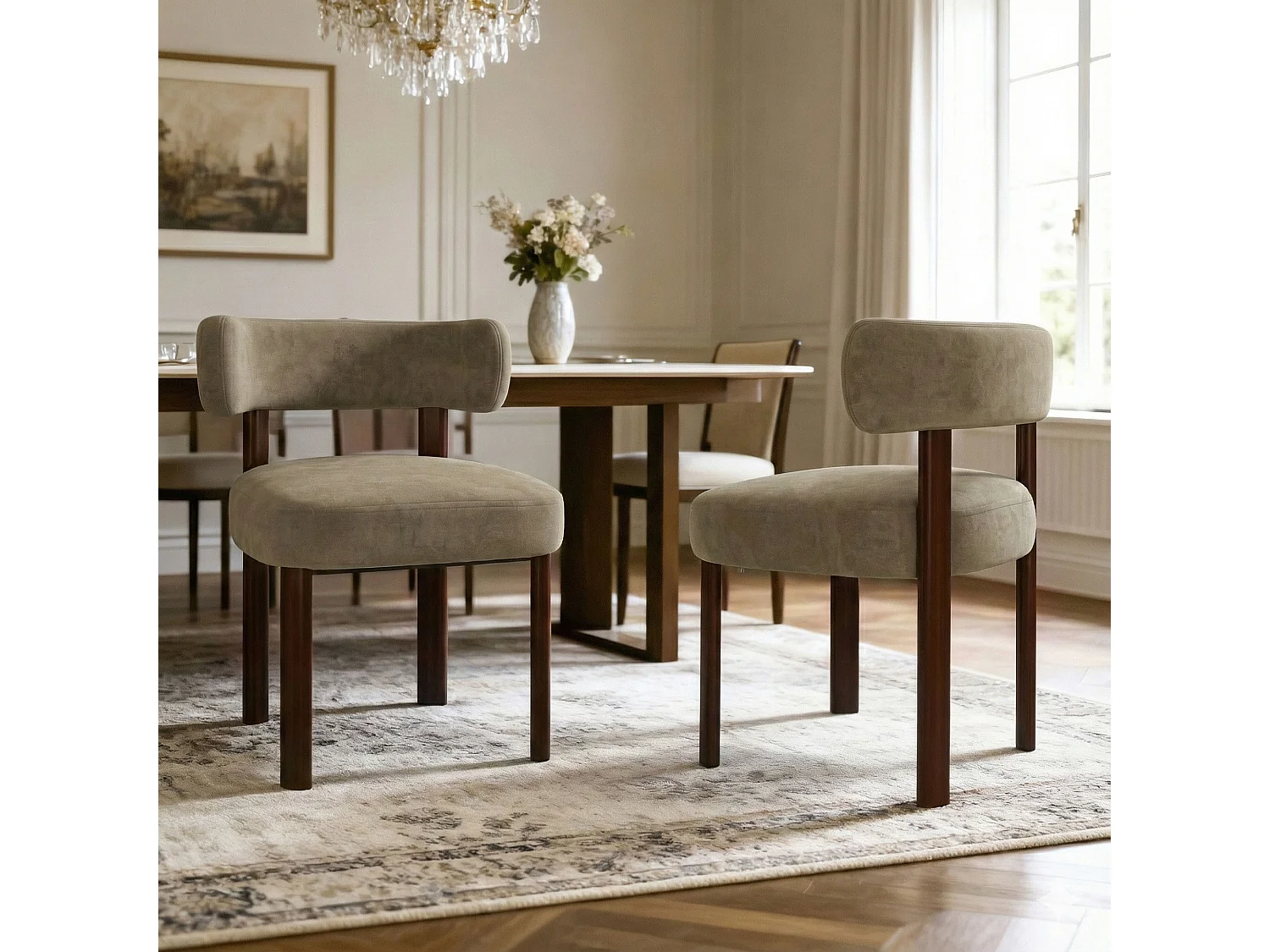 Lot de 2 chaises de salle à manger en bois massif kaki SMARTUE, tissu velours, dossier incurvé