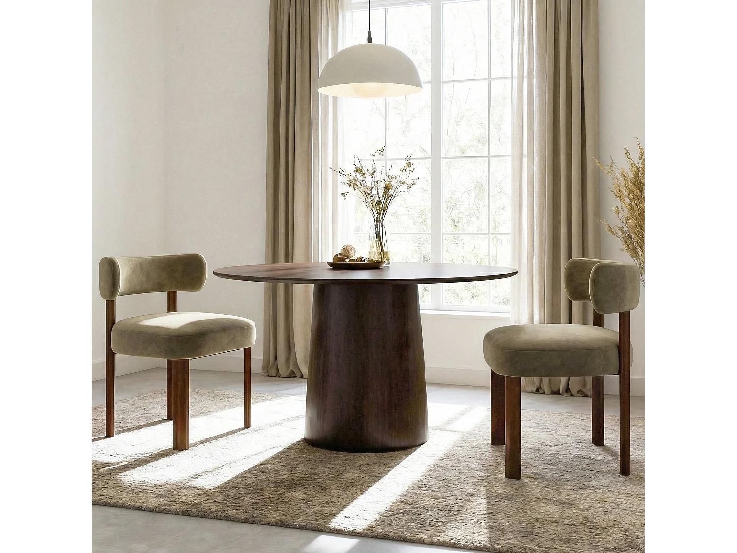 Lot de 2 chaises de salle à manger en bois massif kaki SMARTUE, tissu velours, dossier incurvé