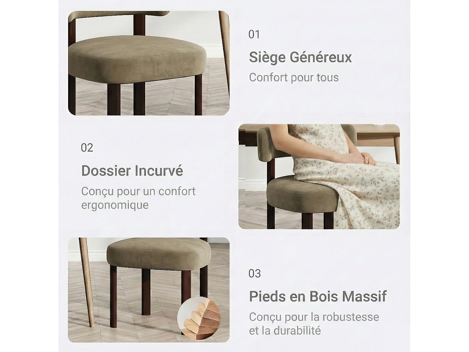 Lot de 2 chaises de salle à manger en bois massif kaki SMARTUE, tissu velours, dossier incurvé