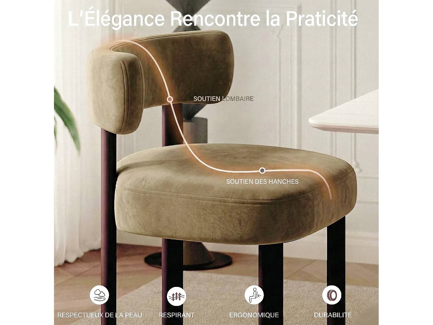 Lot de 2 chaises de salle à manger en bois massif kaki SMARTUE, tissu velours, dossier incurvé