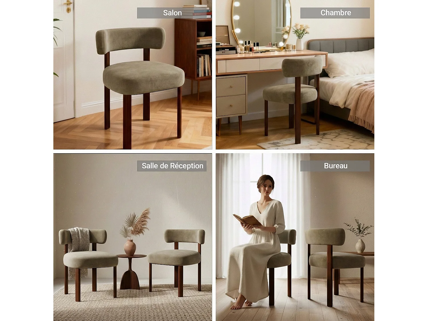 Lot de 2 chaises de salle à manger en bois massif kaki SMARTUE, tissu velours, dossier incurvé