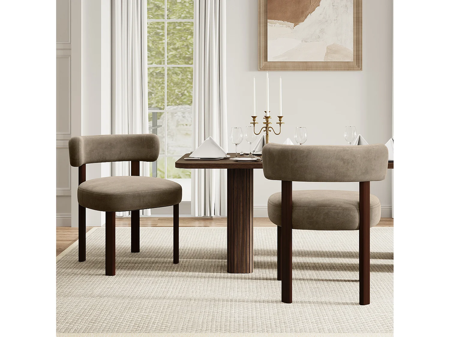 Lot de 2 chaises de salle à manger en bois massif kaki SMARTUE, tissu velours, dossier incurvé