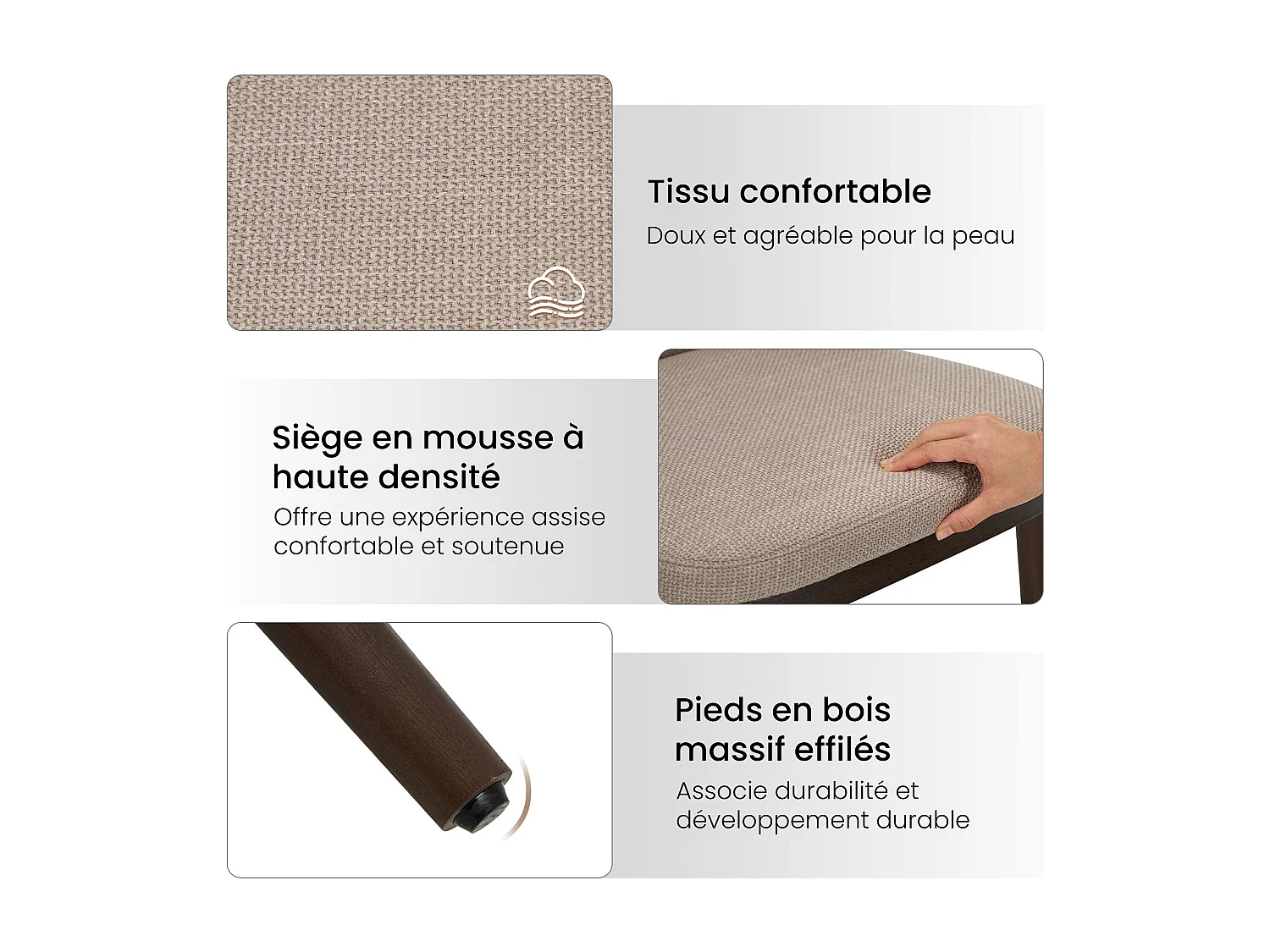 Lot de 2 Chaises de Salle à Manger – Chaises Design Confortables en Tissu avec Pieds en Bois Massif, Idéales pour Salon, Cuisine ou Salle à Manger - Marron