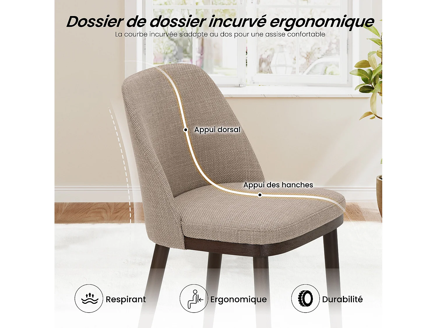 Lot de 2 Chaises de Salle à Manger – Chaises Design Confortables en Tissu avec Pieds en Bois Massif, Camel
